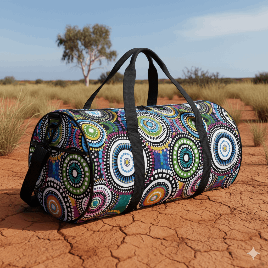 Harmony Circles Aboriginal Cylindrical Duffle Bag