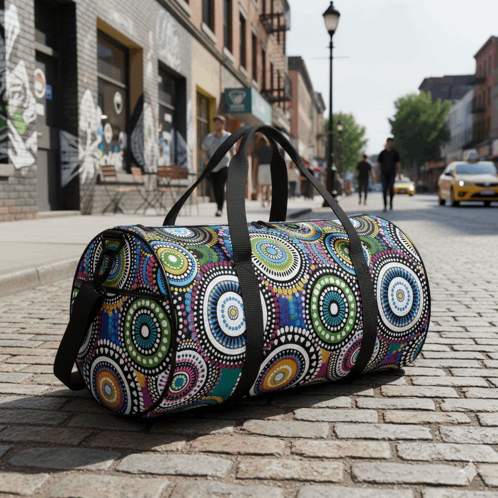 Harmony Circles Aboriginal Cylindrical Duffle Bag