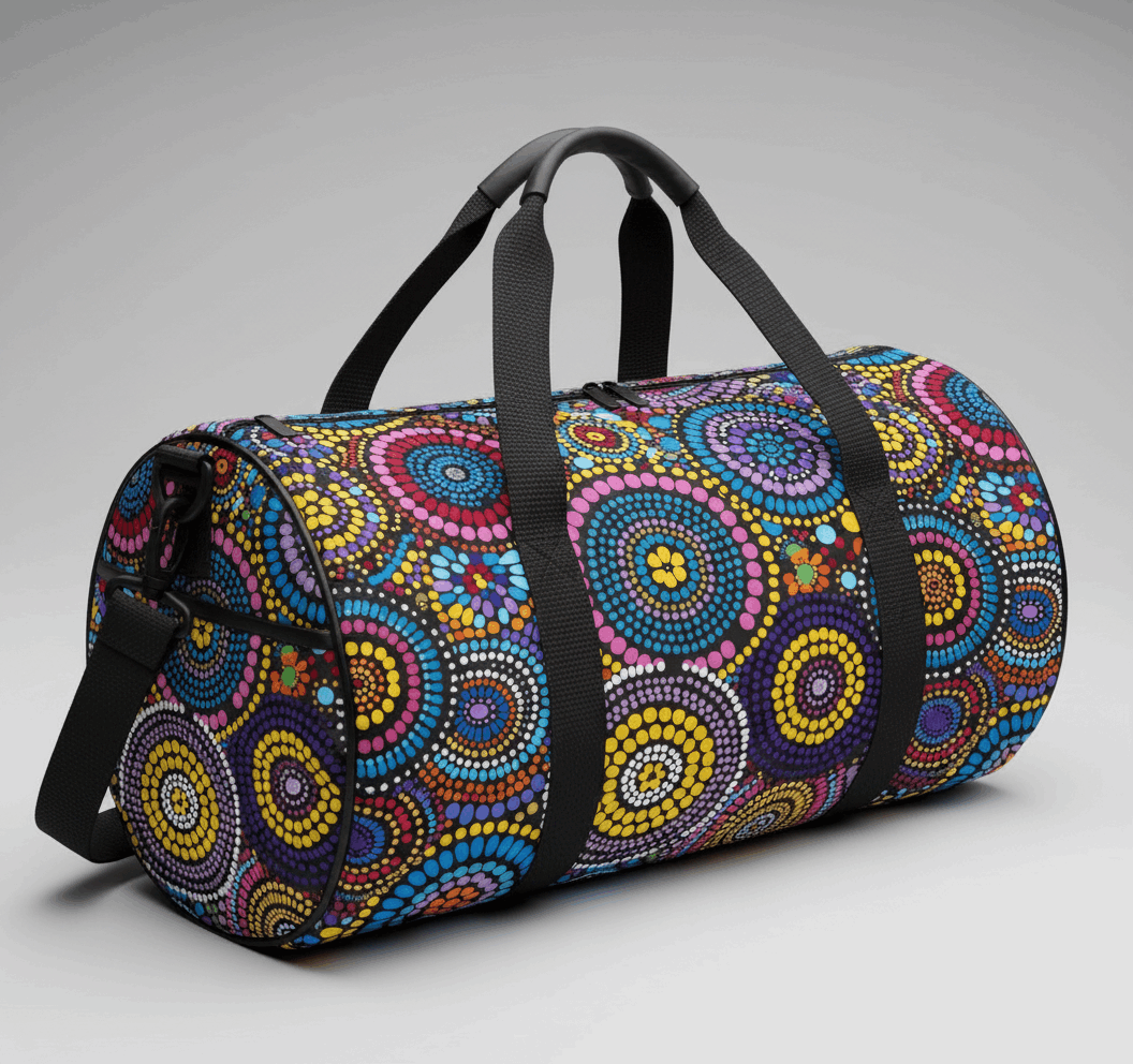 Rainbow Dreaming Aboriginal Cylindrical Duffle Bag