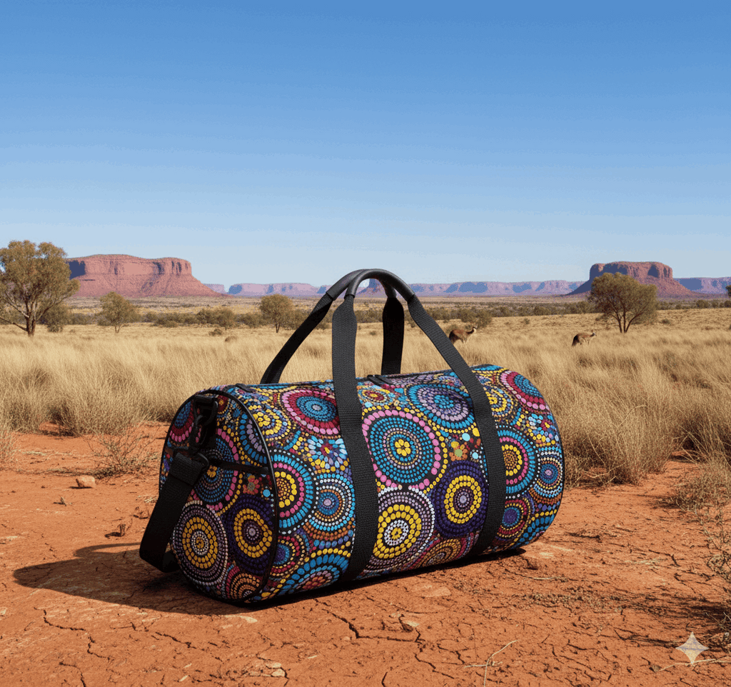 Rainbow Dreaming Aboriginal Cylindrical Duffle Bag