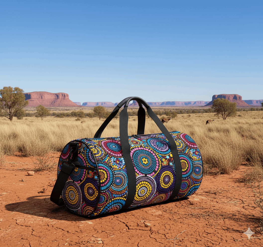 Rainbow Dreaming Aboriginal Cylindrical Duffle Bag