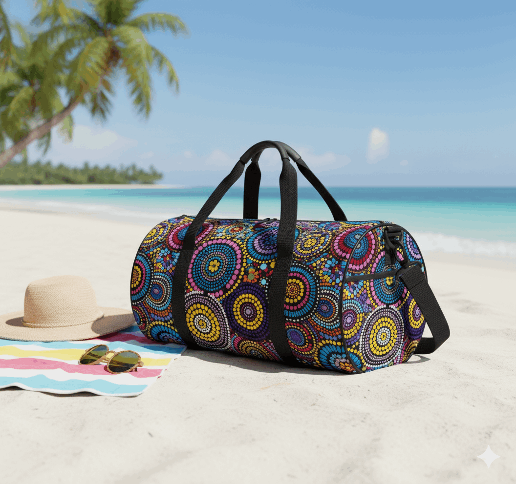 Rainbow Dreaming Aboriginal Cylindrical Duffle Bag