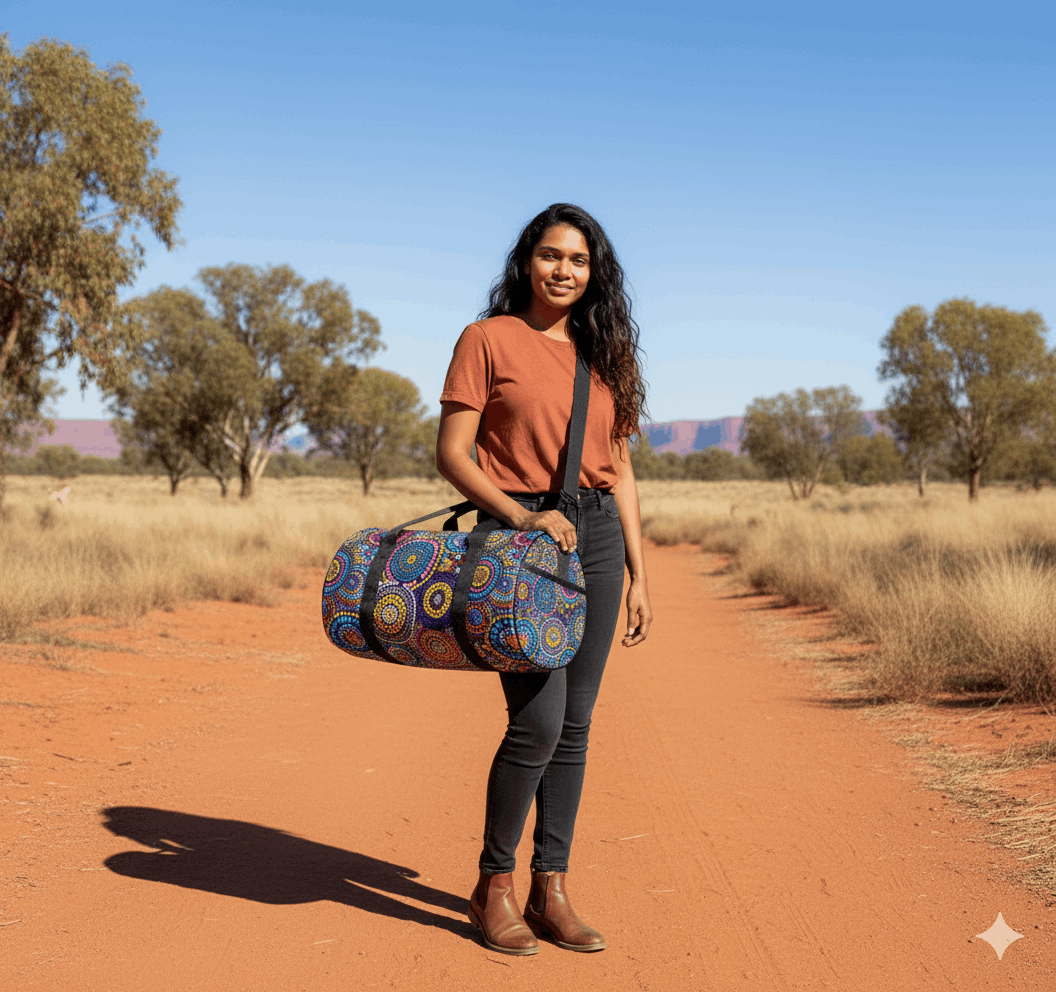 Rainbow Dreaming Aboriginal Cylindrical Duffle Bag