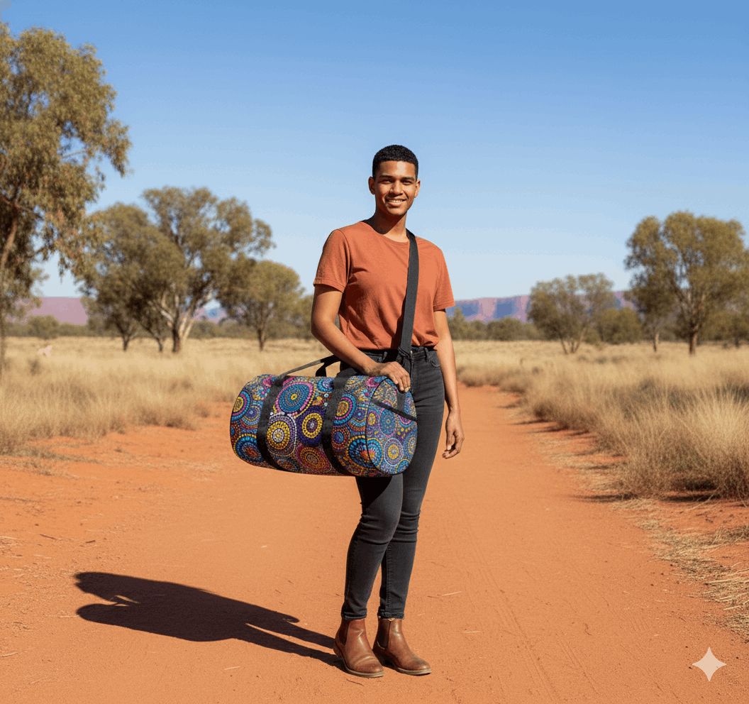 Rainbow Dreaming Aboriginal Cylindrical Duffle Bag